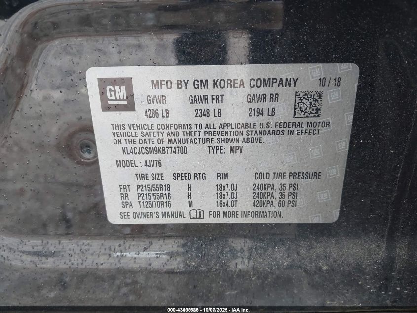 2019 Buick Encore Fwd Essence VIN: KL4CJCSM9KB774700 Lot: 43403686