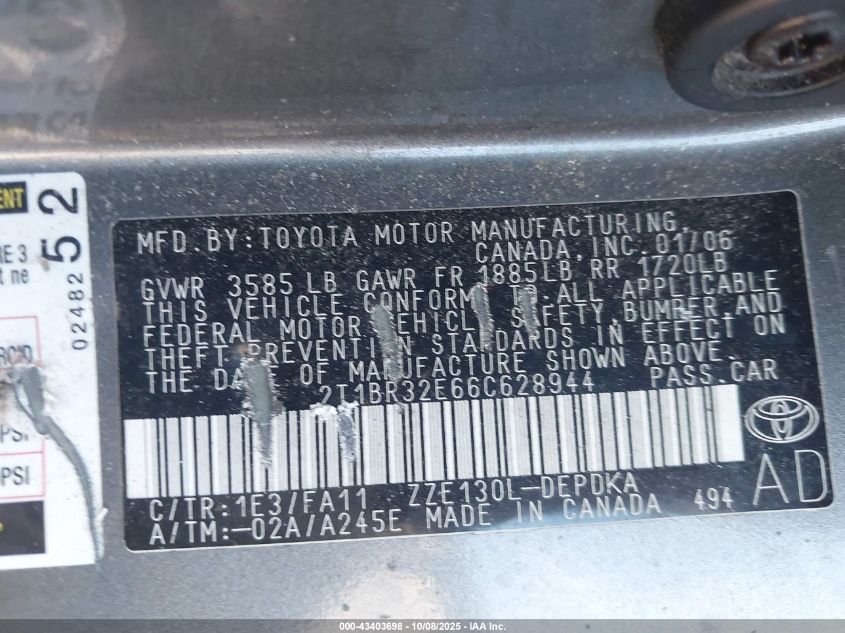 2006 Toyota Corolla Ce VIN: 2T1BR32E66C628944 Lot: 43403698