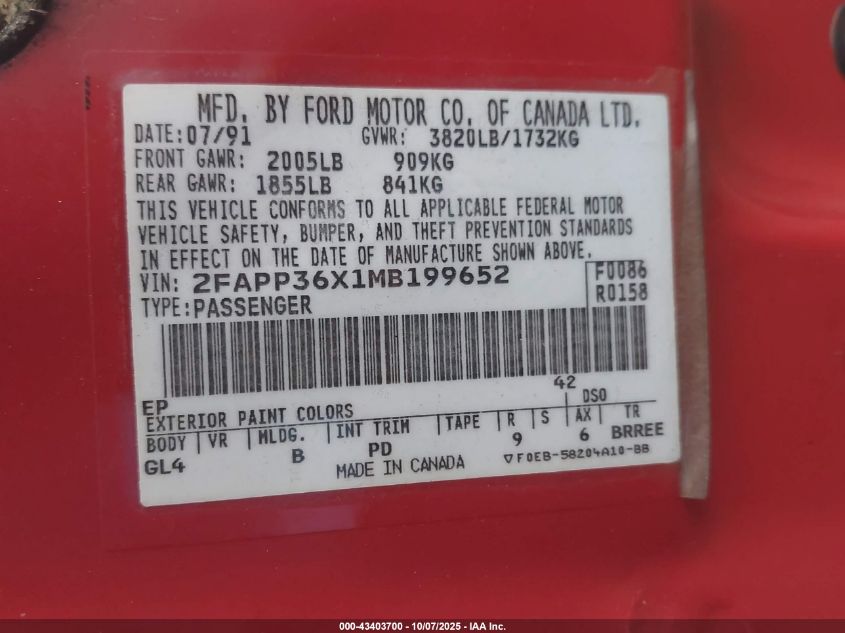 1991 Ford Tempo Gl VIN: 2FAPP36X1MB199652 Lot: 43403700