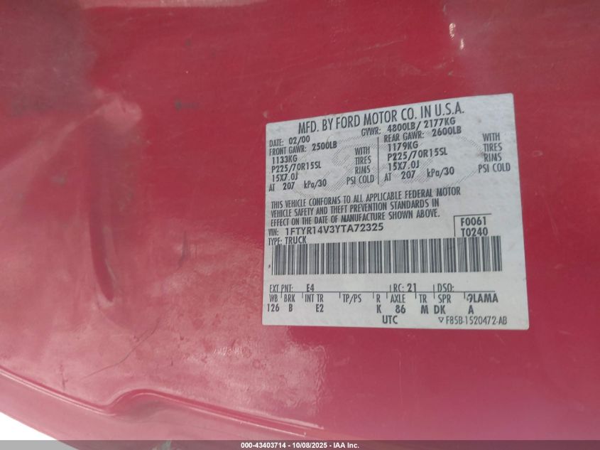 2000 Ford Ranger Xl/Xlt VIN: 1FTYR14V3YTA72325 Lot: 43403714