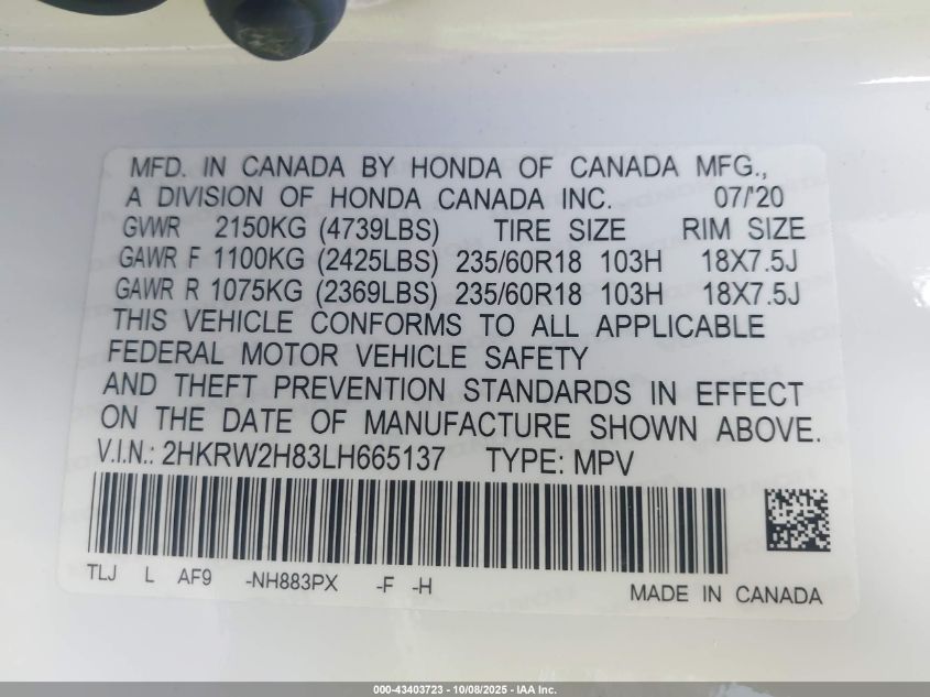 2020 Honda Cr-V Awd Ex-L VIN: 2HKRW2H83LH665137 Lot: 43403723