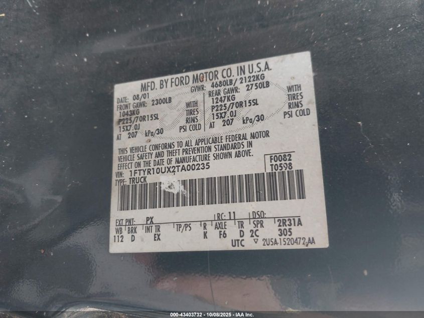 2002 Ford Ranger Edge/Xl/Xlt VIN: 1FTYR10UX2TA00235 Lot: 43403732