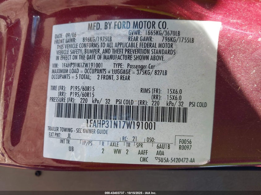 1FAHP31N17W191001 2007 FORD FOCUS photo no. 9