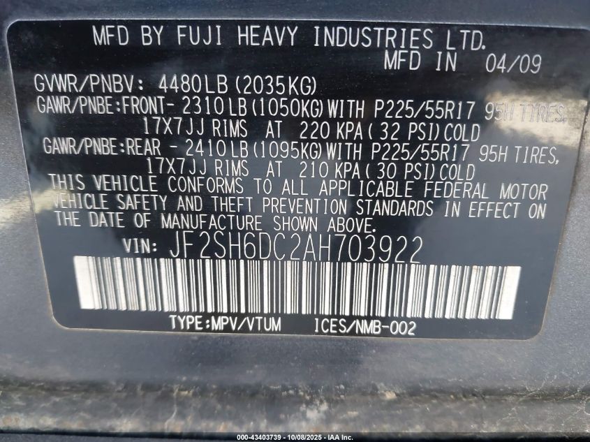 2010 Subaru Forester 2.5X Limited VIN: JF2SH6DC2AH703922 Lot: 43403739