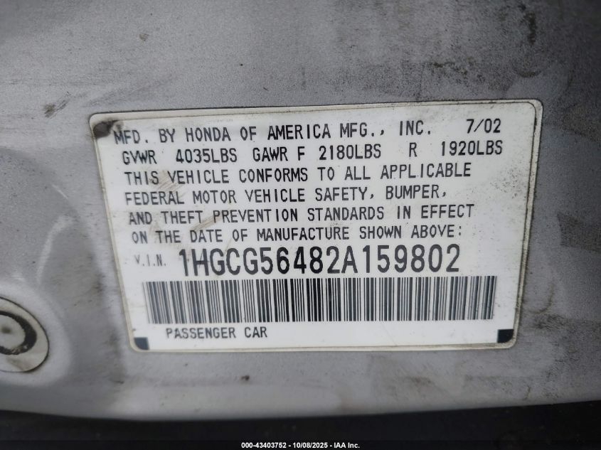 2002 Honda Accord 2.3 Lx VIN: 1HGCG56482A159802 Lot: 43403752