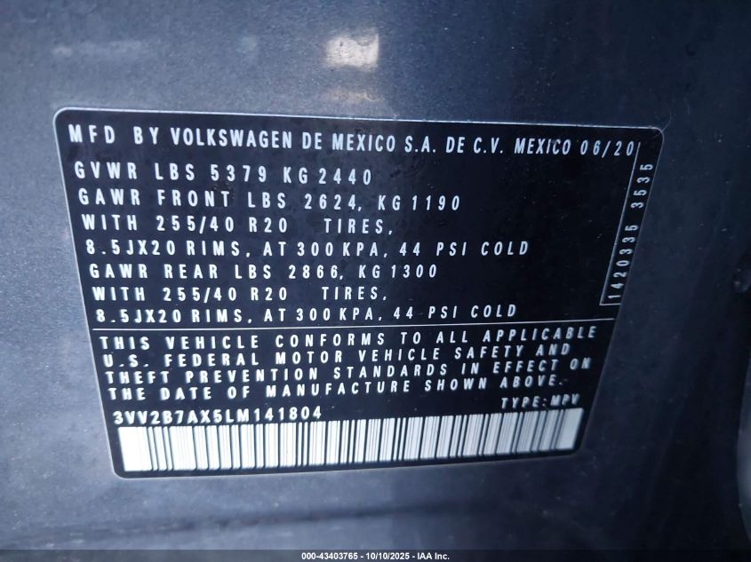 2020 Volkswagen Tiguan 2.0T Se/2.0T Se R-Line Black/2.0T Sel VIN: 3VV2B7AX5LM141804 Lot: 43403765