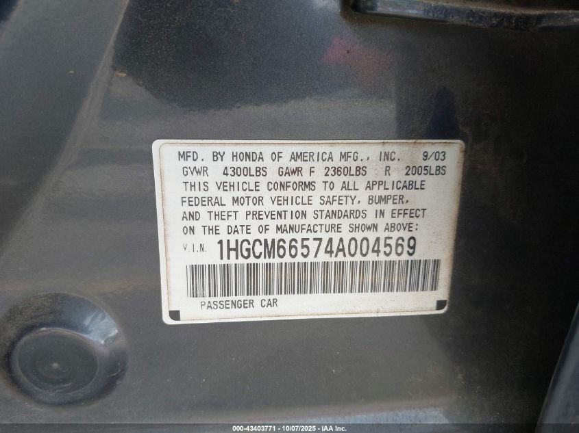 2004 Honda Accord 3.0 Ex VIN: 1HGCM66574A004569 Lot: 43403771