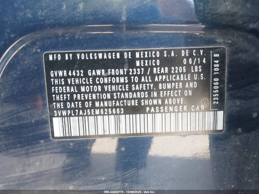 2014 Volkswagen Jetta Sportwagen 2.0L Tdi VIN: 3VWPL7AJ5EM625663 Lot: 43403775