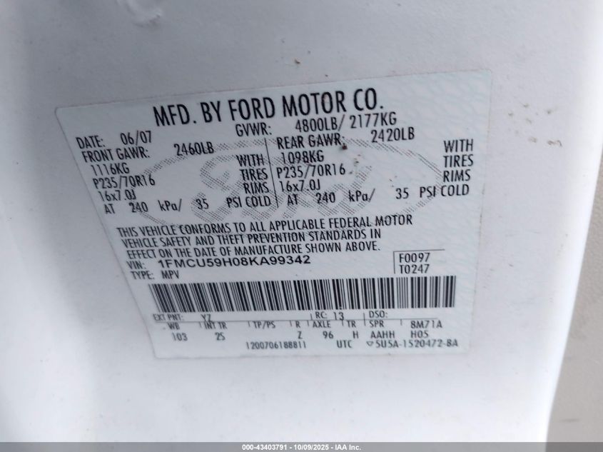 2008 Ford Escape Hybrid VIN: 1FMCU59H08KA99342 Lot: 43403791