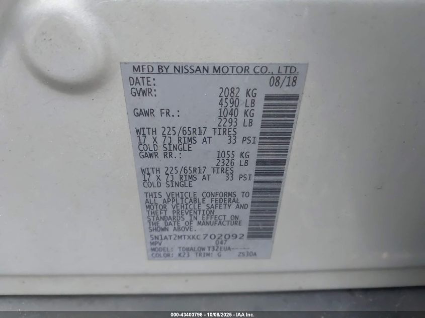 2019 Nissan Rogue Sv VIN: 5N1AT2MTXKC702092 Lot: 43403798