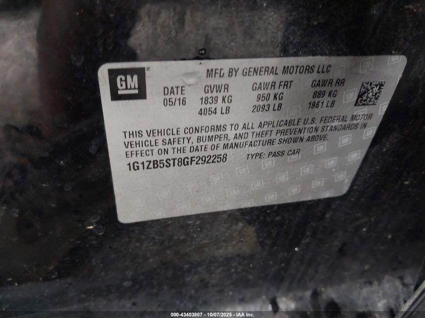 2016 Chevrolet Malibu Ls VIN: 1G1ZB5ST8GF292258 Lot: 43403807