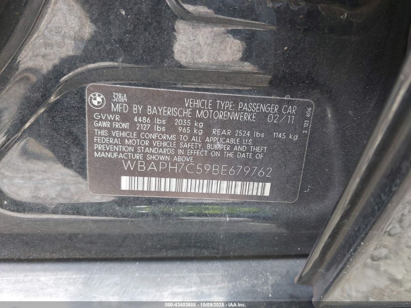 2011 BMW 328I VIN: WBAPH7C59BE679762 Lot: 43403808