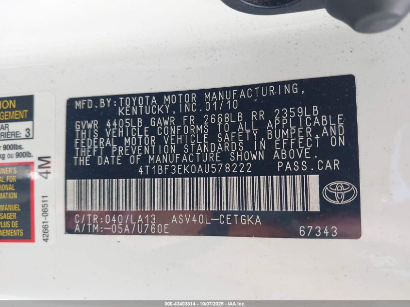 2010 Toyota Camry Xle VIN: 4T1BF3EK0AU578222 Lot: 43403814