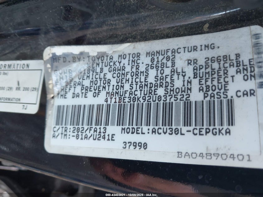 2002 Toyota Camry Xle VIN: 4T1BE30K92U037522 Lot: 43403821