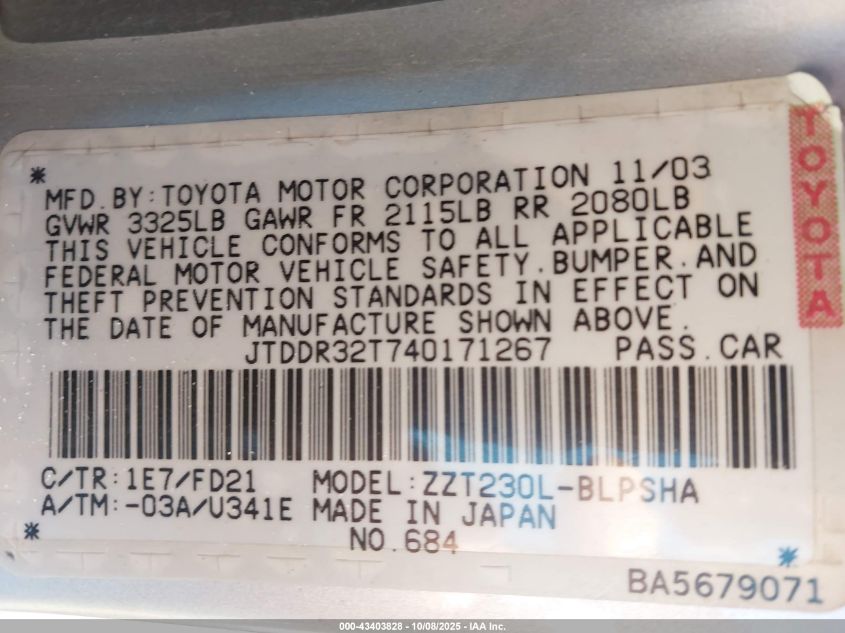 2004 Toyota Celica Gt VIN: JTDDR32T740171267 Lot: 43403828