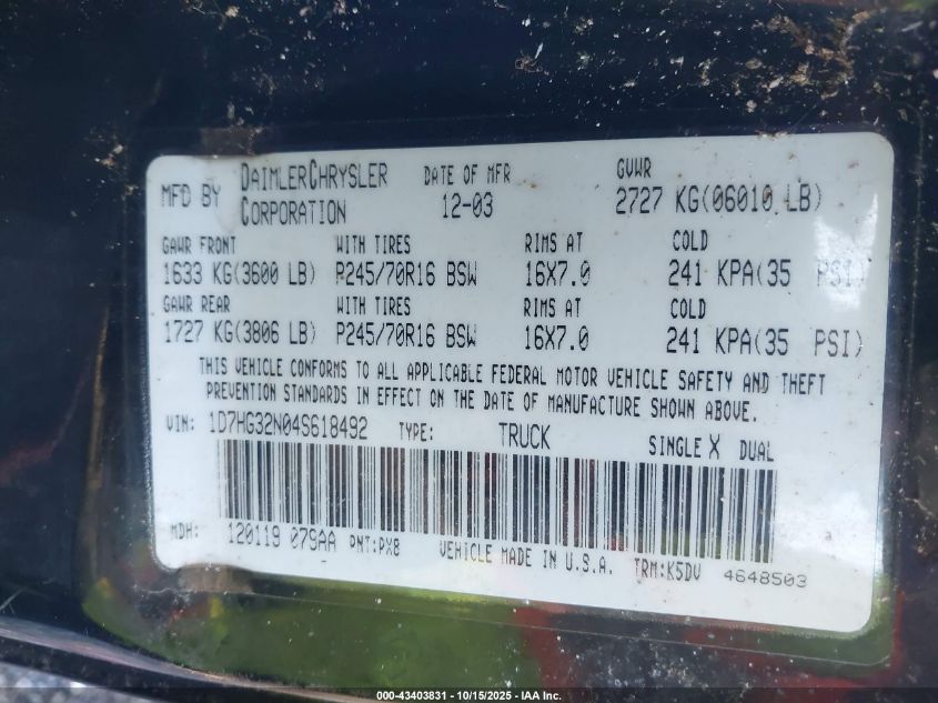 2004 Dodge Dakota Sport VIN: 1D7HG32N04S618492 Lot: 43403831