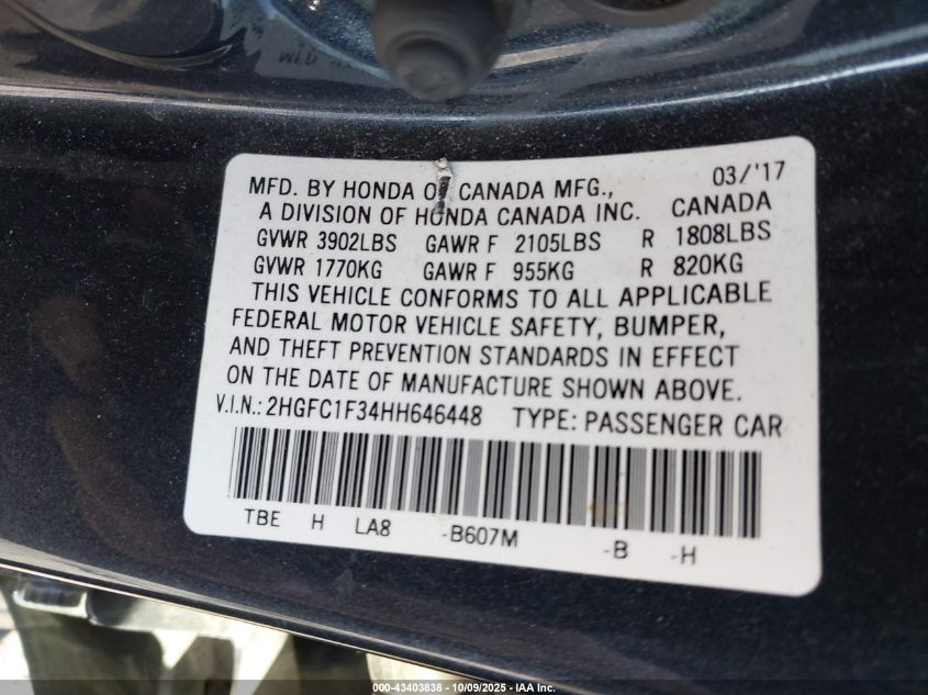 2017 Honda Civic Ex-T VIN: 2HGFC1F34HH646448 Lot: 43403838