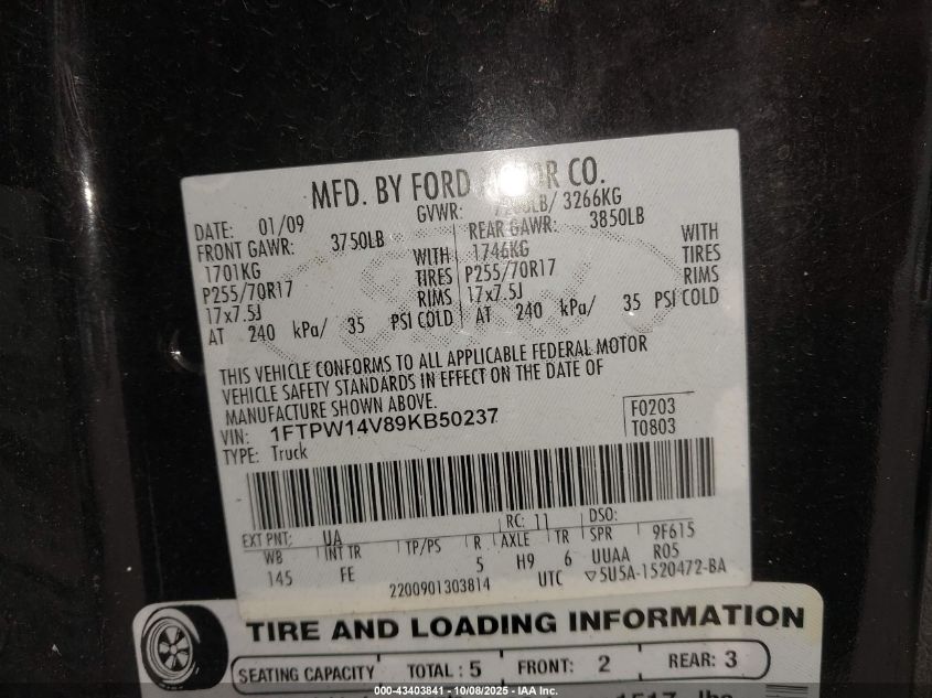 2009 Ford F150 Supercrew VIN: 1FTPW14V89KB50237 Lot: 43403841