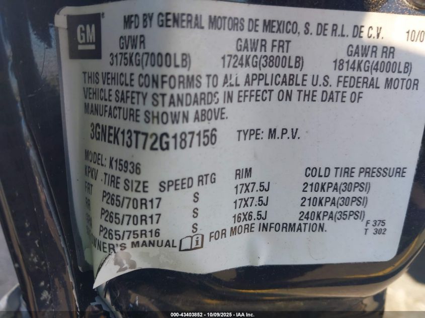 2002 Chevrolet Avalanche 1500 VIN: 3GNEK13T72G187156 Lot: 43403852