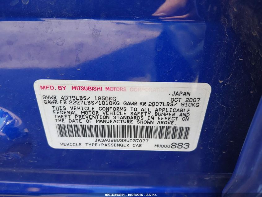 2008 Mitsubishi Lancer Gts VIN: JA3AU86U38U037077 Lot: 43403861
