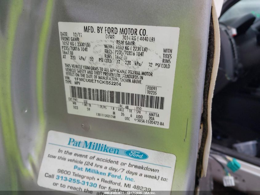 2012 Ford Escape Limited VIN: 1FMCU0E71CKB52204 Lot: 43403871