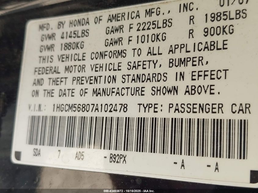 2007 Honda Accord 2.4 Ex VIN: 1HGCM56807A102478 Lot: 43403872