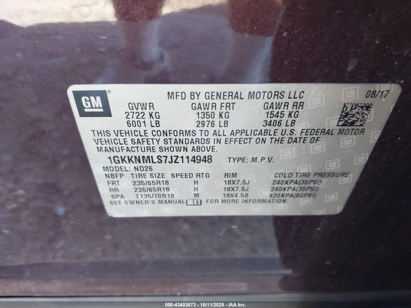 2018 GMC Acadia Slt-1 VIN: 1GKKNMLS7JZ114948 Lot: 43403873