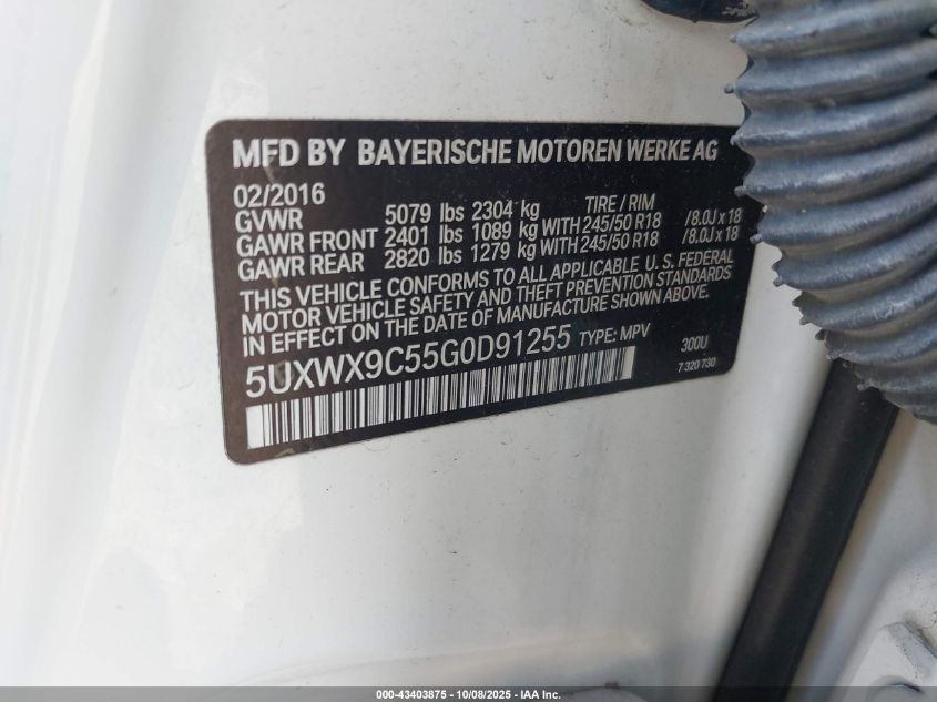 2016 BMW X3 xDrive28I VIN: 5UXWX9C55G0D91255 Lot: 43403875