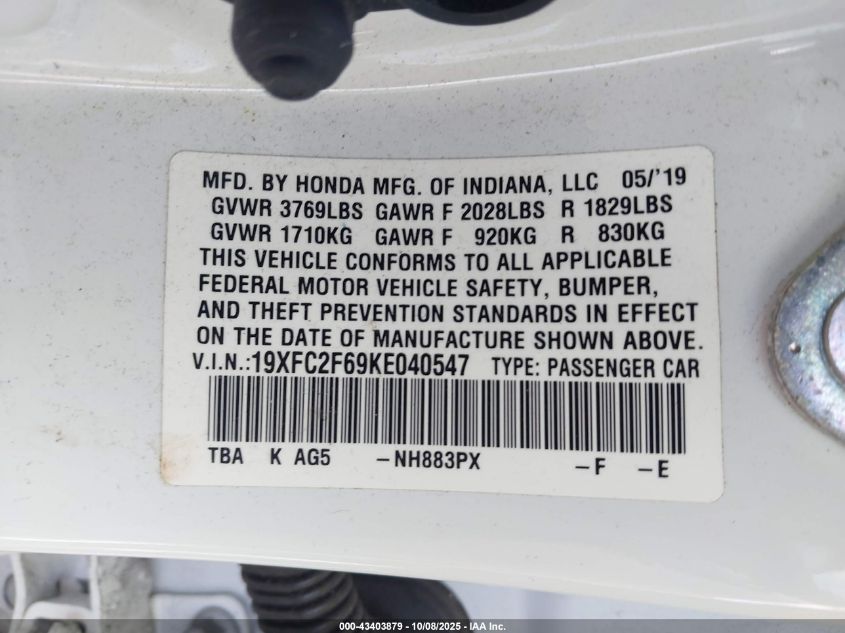 2019 Honda Civic Lx VIN: 19XFC2F69KE040547 Lot: 43403879