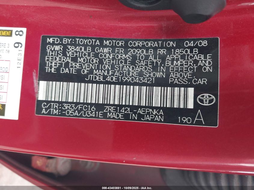 2009 Toyota Corolla Xle VIN: JTDBL40E199043421 Lot: 43403881