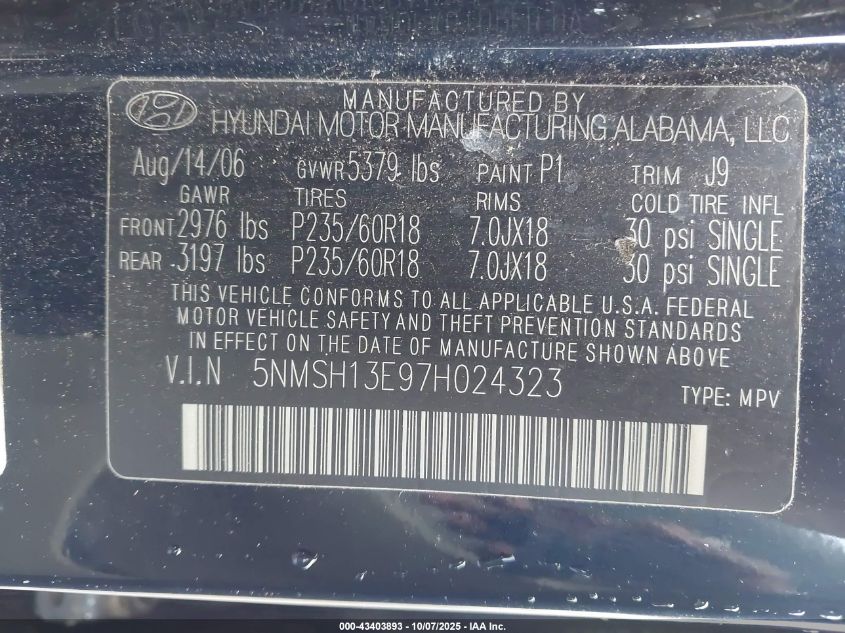 2007 Hyundai Santa Fe Limited/Se VIN: 5NMSH13E97H024323 Lot: 43403893