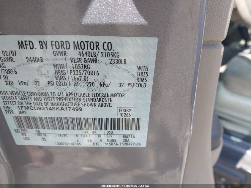 2008 Ford Escape Xlt VIN: 1FMCU93148KA17499 Lot: 43403899