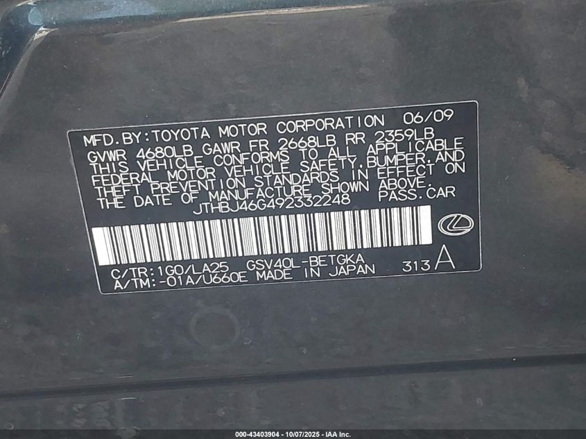 2009 Lexus Es 350 VIN: JTHBJ46G492332248 Lot: 43403904