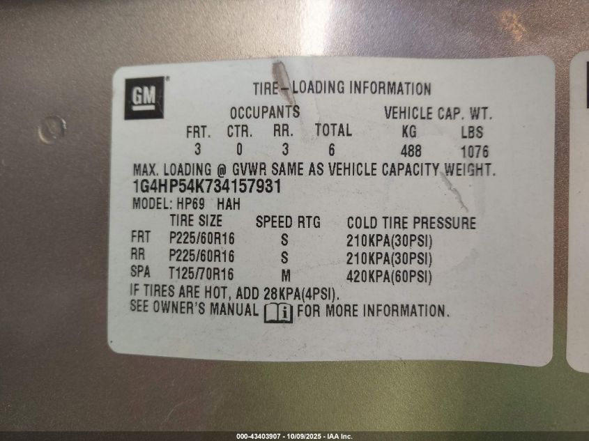 2003 Buick Lesabre Custom VIN: 1G4HP54K734157931 Lot: 43403907