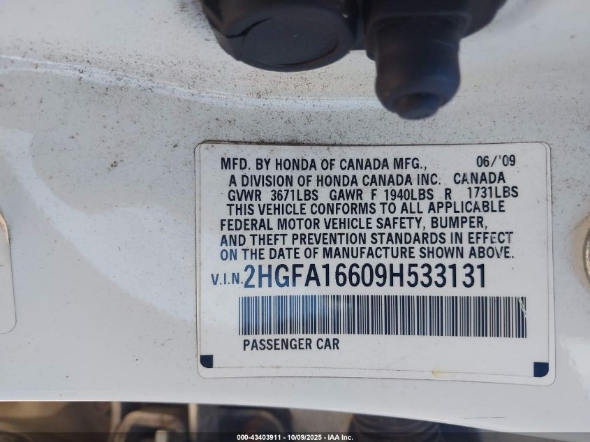 2009 Honda Civic Lx-S VIN: 2HGFA16609H533131 Lot: 43403911