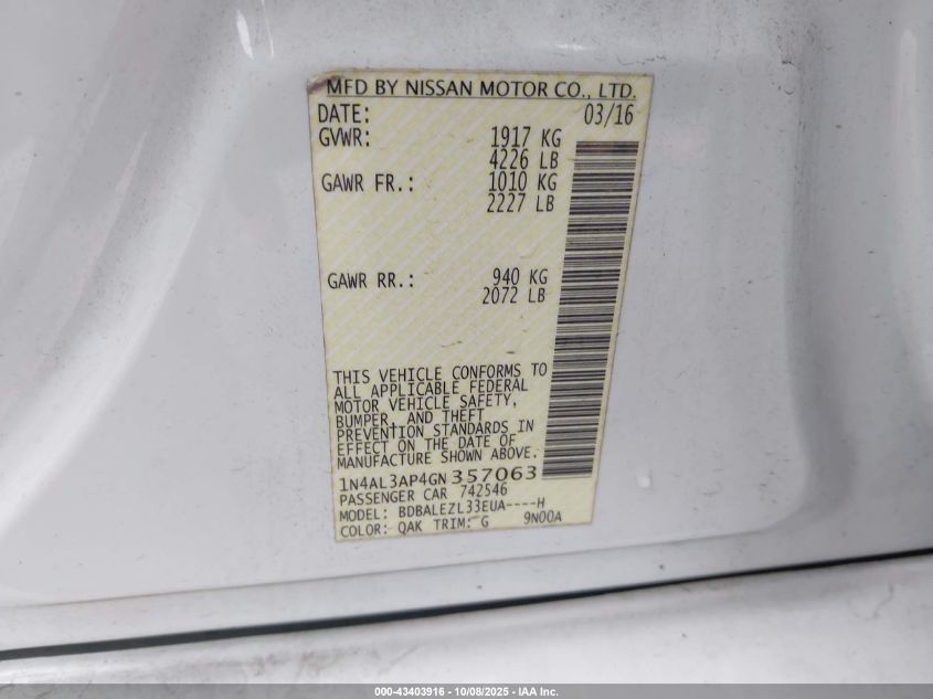 2016 Nissan Altima 2.5/2.5 S/2.5 Sl/2.5 Sr/2.5 Sv VIN: 1N4AL3AP4GN357063 Lot: 43403916