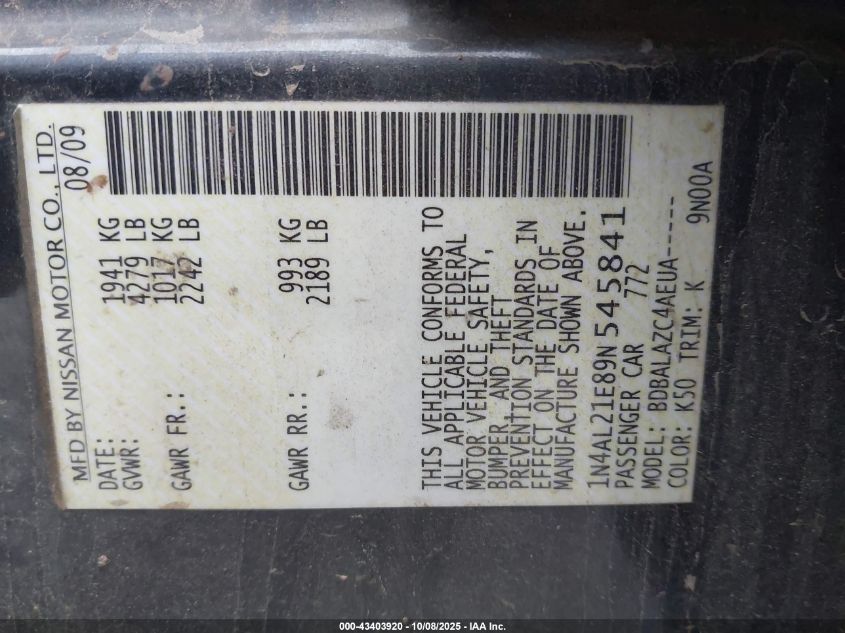 2009 Nissan Altima 2.5 VIN: 1N4AL21E89N545841 Lot: 43403920