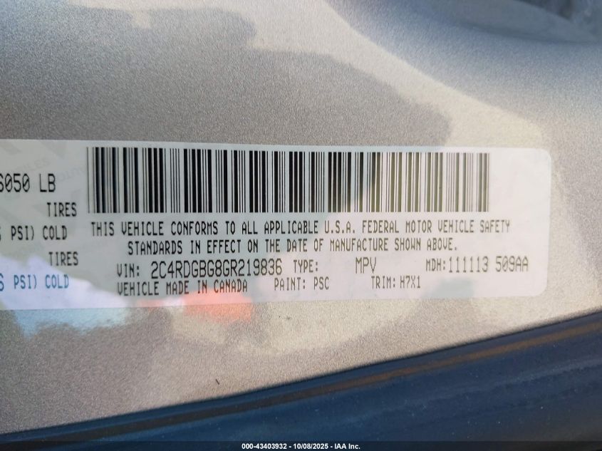 2016 Dodge Grand Caravan American Value Pkg VIN: 2C4RDGBG8GR219836 Lot: 43403932