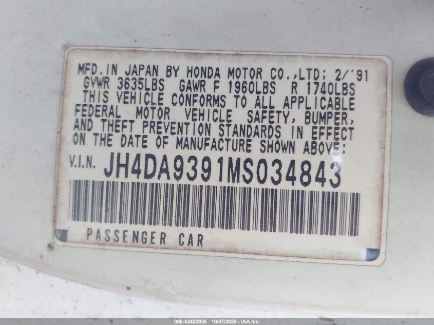 1991 Acura Integra Ls Special VIN: JH4DA9391MS034843 Lot: 43403936