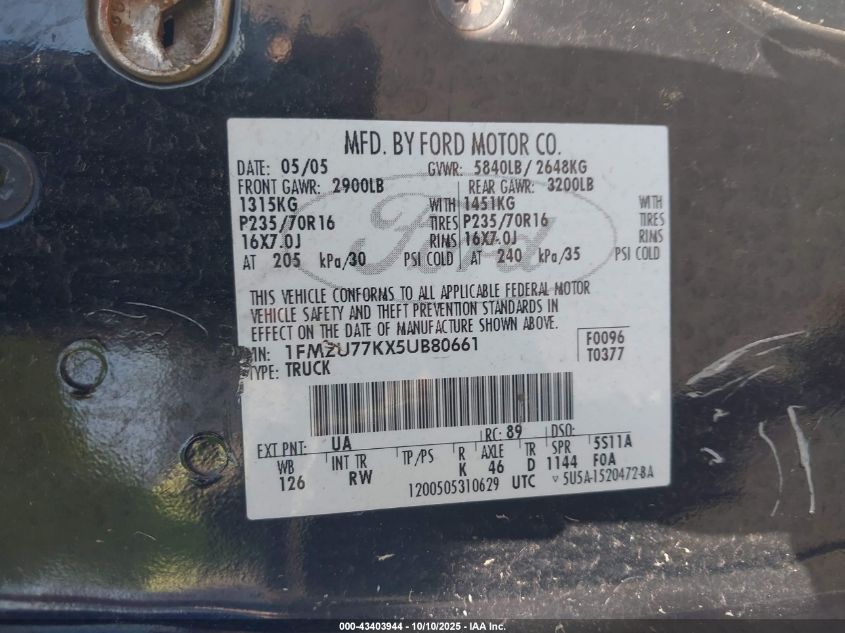 2005 Ford Explorer Sport Trac Adrenalin/Xls/Xlt VIN: 1FMZU77KX5UB80661 Lot: 43403944