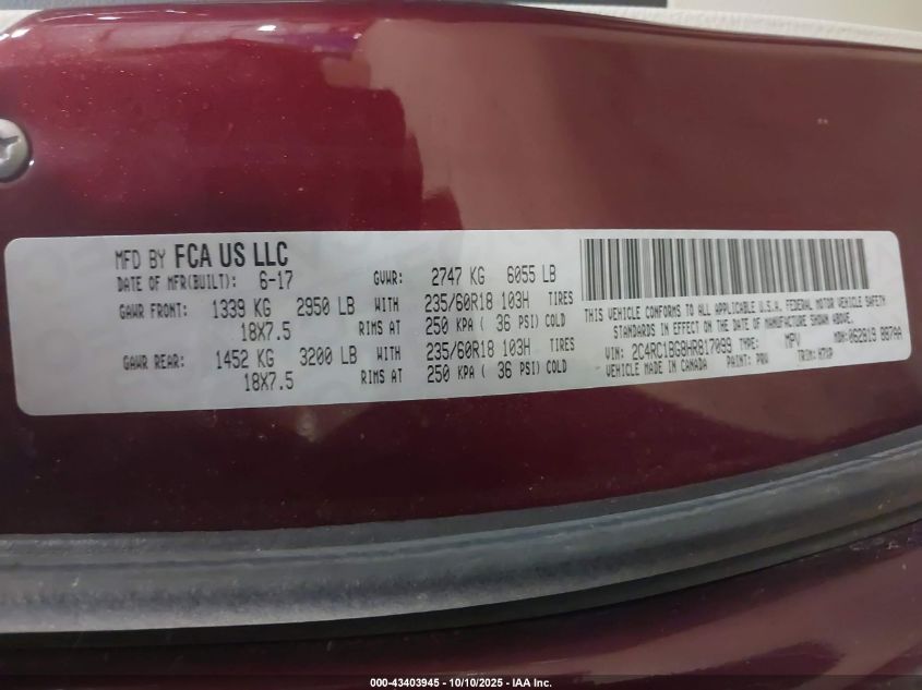 2017 Chrysler Pacifica Touring Plus VIN: 2C4RC1BG8HR817099 Lot: 43403945