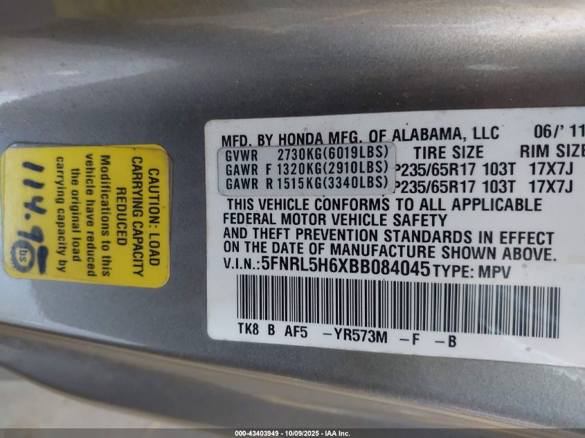 2011 Honda Odyssey Ex-L VIN: 5FNRL5H6XBB084045 Lot: 43403949