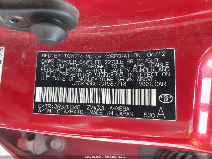 2012 Toyota Prius Three VIN: JTDKN3DU9C1567718 Lot: 43403950