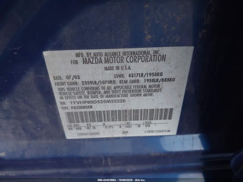 2003 Mazda Mazda6 S VIN: 1YVHP80D535M52320 Lot: 43403964