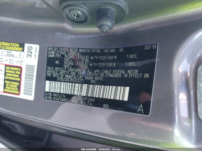 2019 Toyota Sienna Xle 7 Passenger VIN: 5TDDZ3DC7KS225271 Lot: 43403966