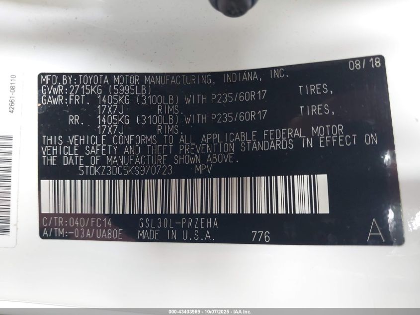 2019 Toyota Sienna Le 8 Passenger VIN: 5TDKZ3DC5KS970723 Lot: 43403969