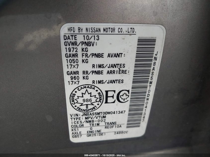 2013 Nissan Rogue S/Sv/Sv W/Sl Pkg VIN: JN8AS5MT0DW041347 Lot: 43403971