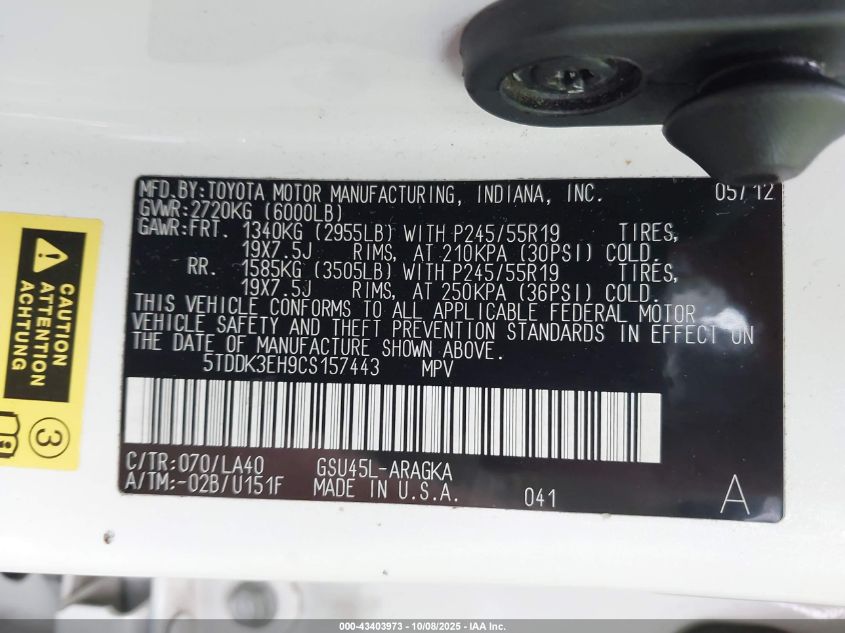 2012 Toyota Highlander Limited V6 VIN: 5TDDK3EH9CS157443 Lot: 43403973