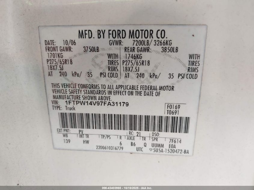 2007 Ford F-150 Fx4/Lariat/Xlt VIN: 1FTPW14V97FA31179 Lot: 43403988