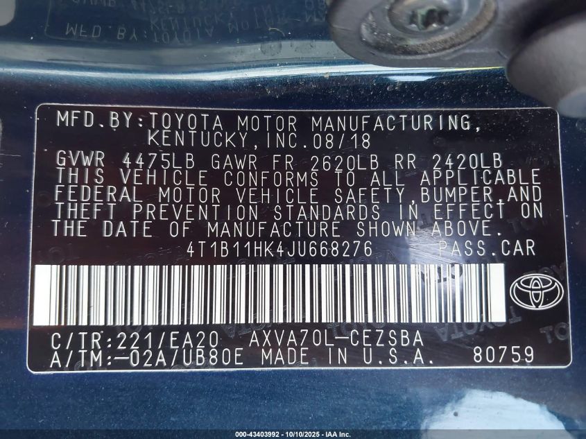 2018 Toyota Camry Se VIN: 4T1B11HK4JU668276 Lot: 43403992